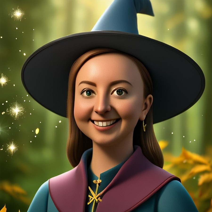 Portrait of Nilufer Demirci as a wizard, wearing a pointed hat in an enchanted forest